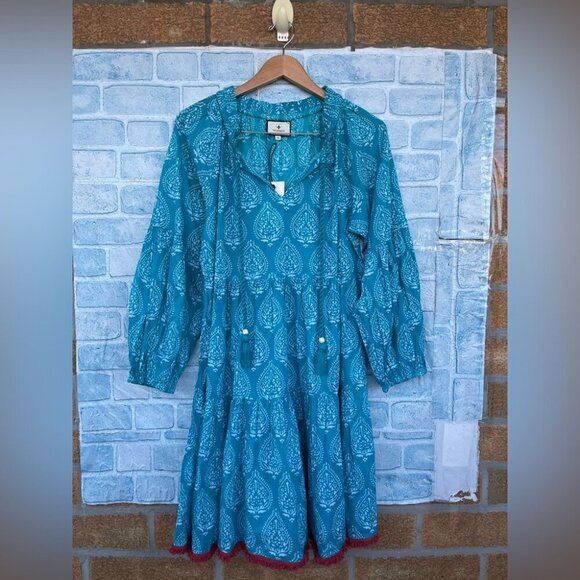 TUCKERNUCK Tropical Teal Lantern Block Print Tie Neck Coverup Dress Size Medium - Picture 2 of 14